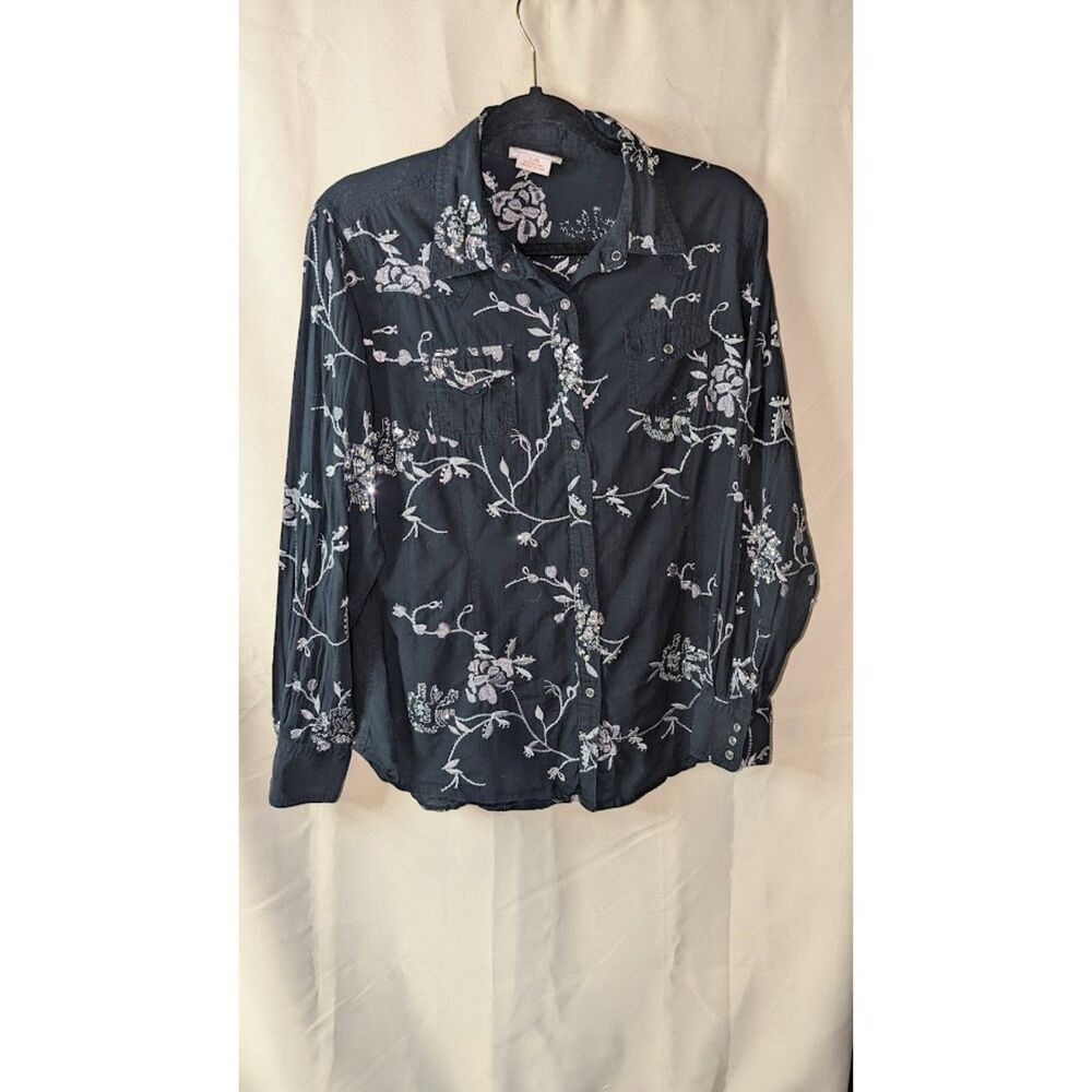 Ariat Vintage Black Western Shirt M Floral Embroidered Sequins Pearl Snap L